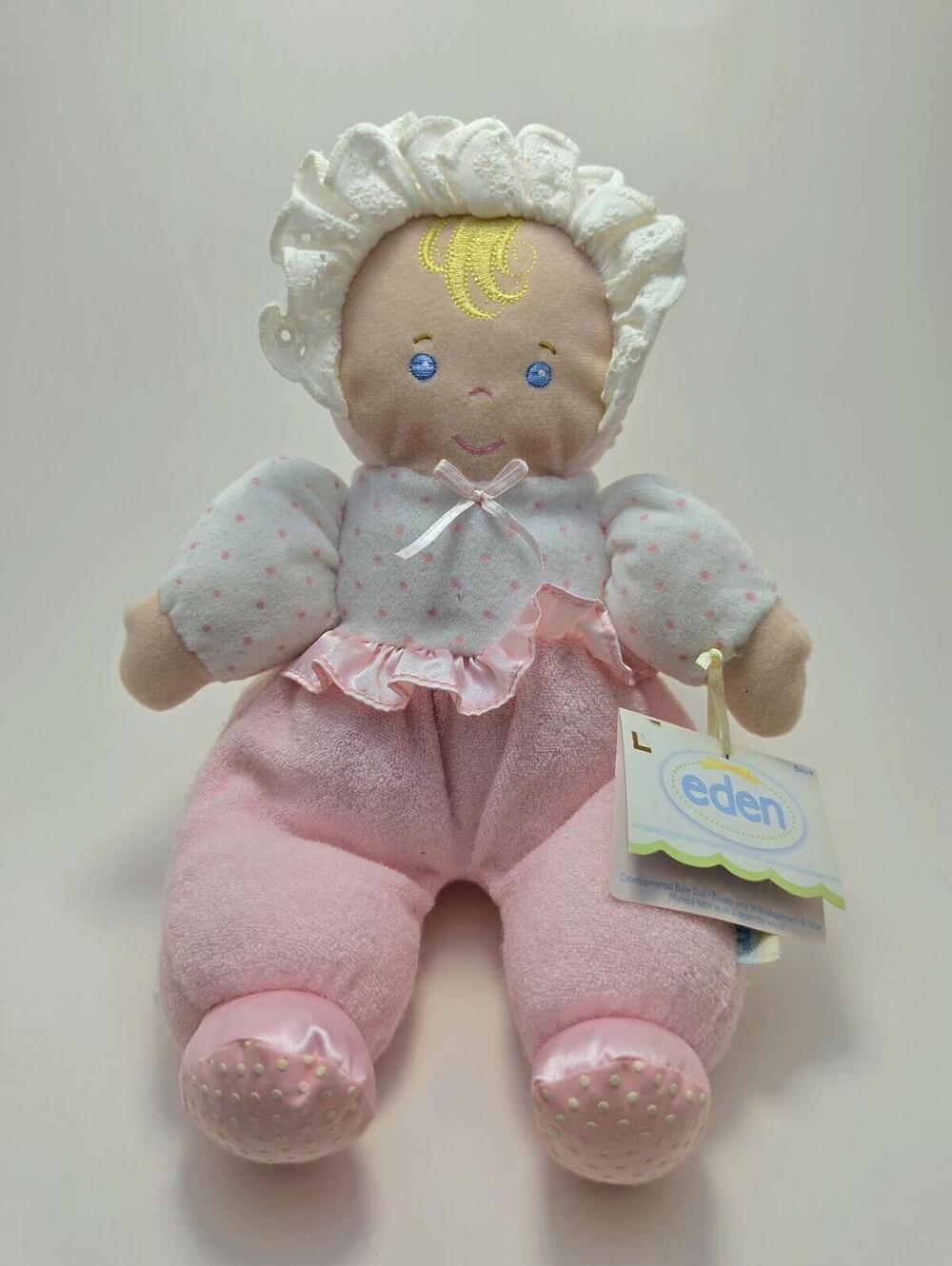 Vintage Eden Pink Doll Terry Plush Bonnet Blonde Crinkle Rattle Baby Lovey!